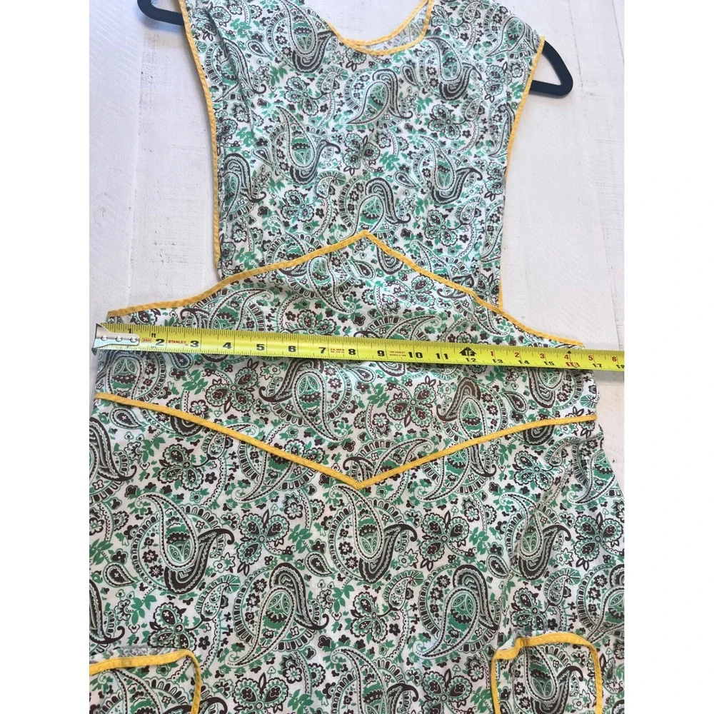 Vintage Handmade Paisley Pinafore Apron Green Yellow Piping Cottagecore Smock